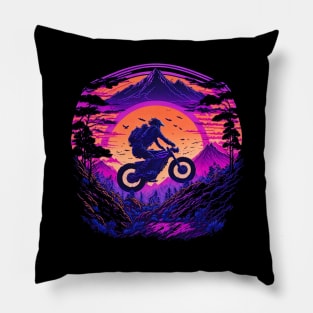 Sunset Rider: Vintage Biker Soaring Through Nature Pillow