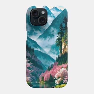 Misty River Valley with Pink Floral Trees Phone Case