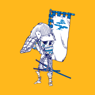 Blue Skull Samurai With Banner T-Shirt