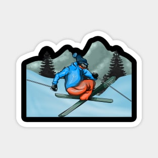 Ski jumper with Skis Mountains and Trees Magnet