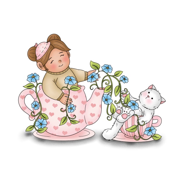 Girl And Cat Inside Tea Cup by Athikan