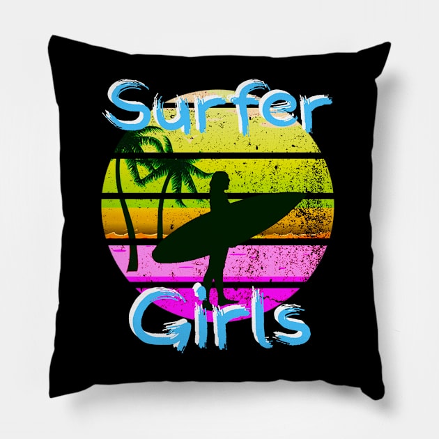 Retro Surfer Girls Funny Surfing Girl Pink Sunset Surf Girl Pillow by Bezra