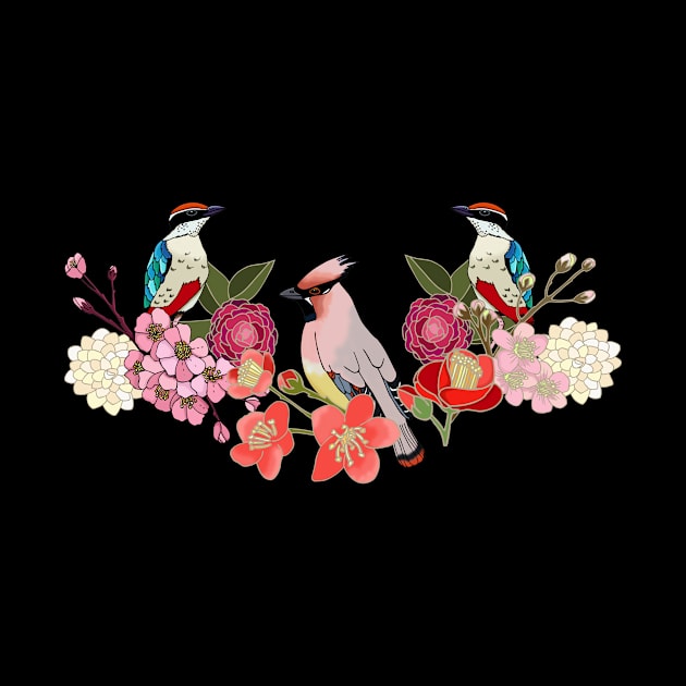 Waxwing with fairy pitta and cherry blossom by Naty Design Prague