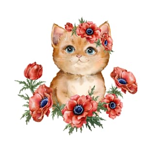 Ginger kitten with anemone wreath T-Shirt