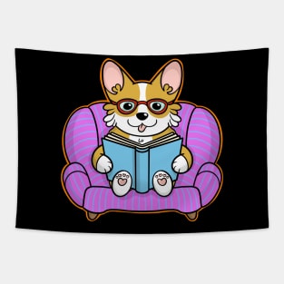 Cute Corgi Reading Book Tapestry