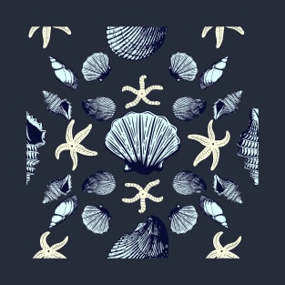 Sea shells and Starfishes, Relaxing Beach Life Pattern T-Shirt