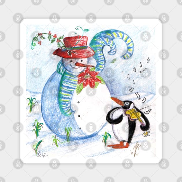 SNOWMAN AND  WINTER SERENADE OF VIOLINIST PENGUIN Magnet by BulganLumini