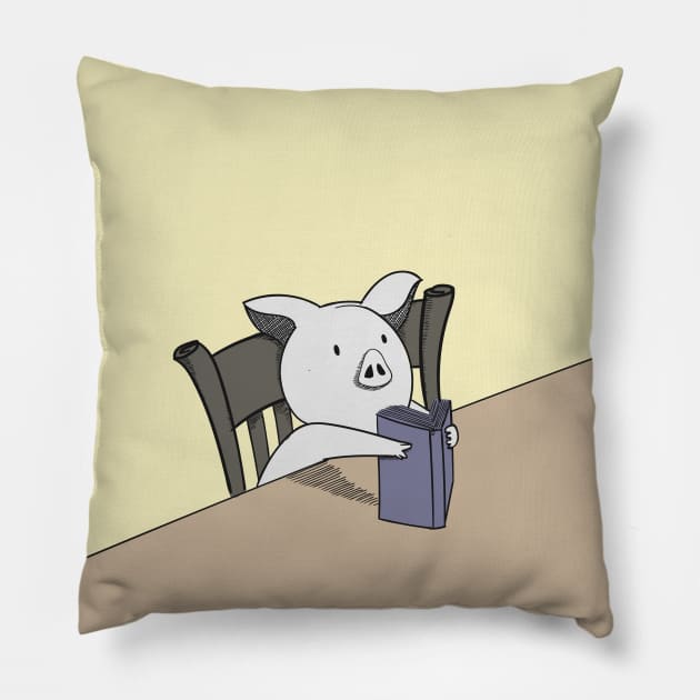 A cute pig reading a book that he is holding in his hands and looking very confused Pillow by Saudung