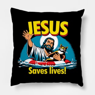 Jesus Saves Lives Funny Cat Pillow