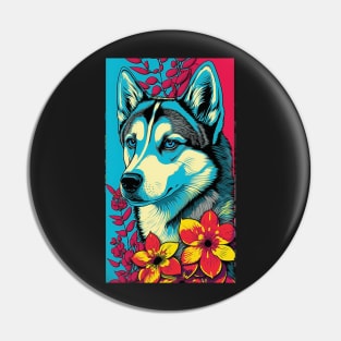 Husky Dog Vibrant Tropical Flower Tall Retro Vintage Digital Pop Art Portrait 2 Pin