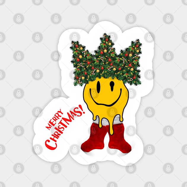 Smiley Face with Christmas Tree Hat and Christmas Stocking | Merry Xmas Magnet by Cosmic Story Designer