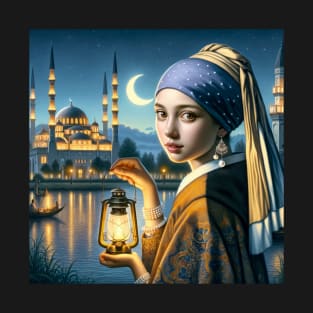 Ramadan Elegance: Girl with a Pearl Earring in Moonlight T-Shirt