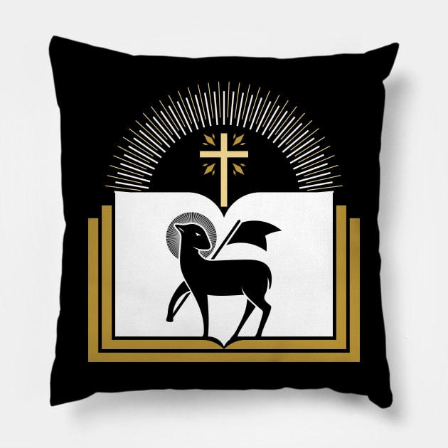 Lamb of God on the background of the open book of life. Pillow by Reformer