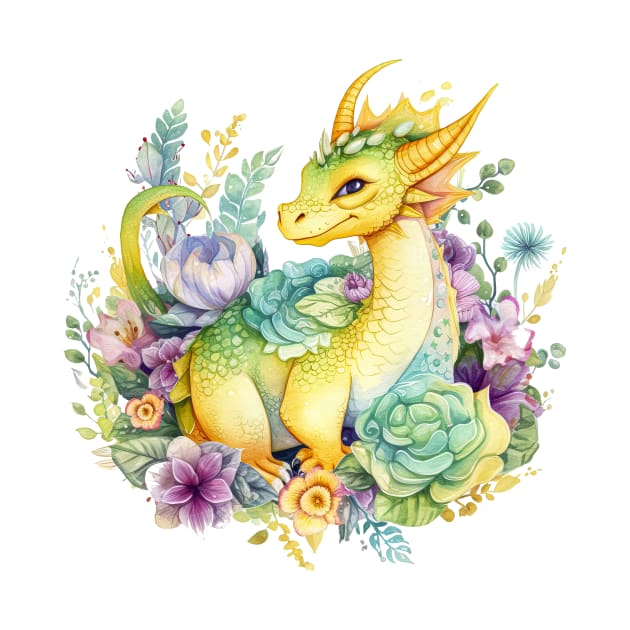 Cute Spring Flower Dragon Watercolor by Fledermaus Studio