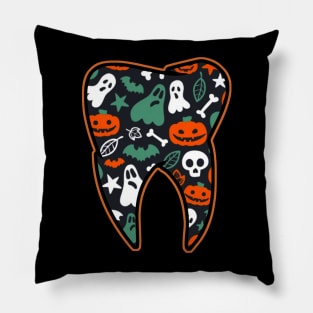 Womens Halloween Spooky Dentist tooth with pumpkin ghost spider web Pillow