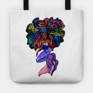 African American mermaid with flowing rainbow braids 2, brown eyes curly Afro hair and caramel brown skin Tote