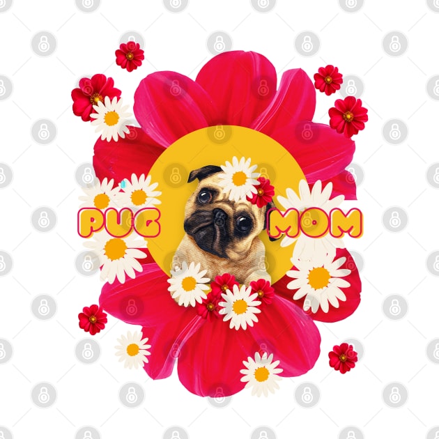 pug mom on pink flowers by famatrix