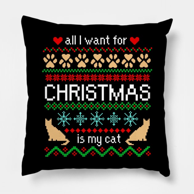 All I Want for Christmas is My Cat Ugly Sweater Black Pillow by julieerindesigns