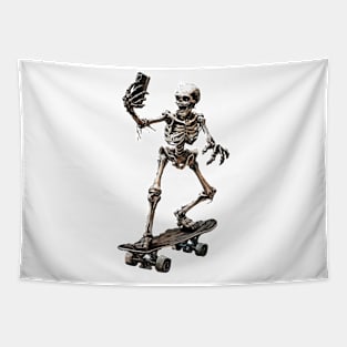 A skeleton rides a skateboard Tapestry