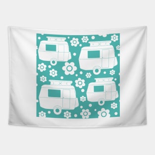 Daisy Polka Dot Vintage Caravan Pattern in Turquoise and White Tapestry