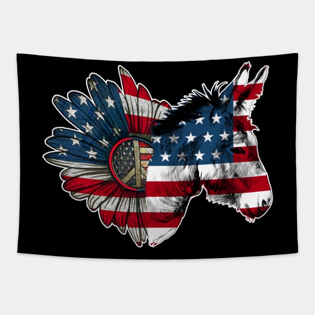 Heart Sunflower Donkey USA Flag Firework 4th Of July Tapestry by Kaileymahoney