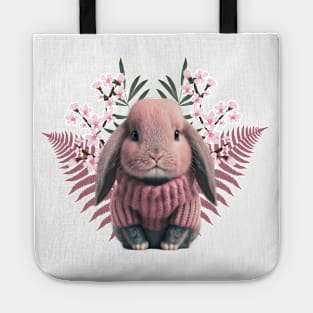 Adorable baby rabbit in pink wool sweater - beautiful flowers and leaves Tote