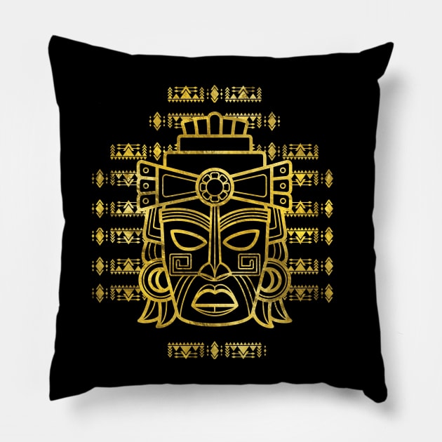 Gold  Aztec Inca Mayan Mask Pillow by Nartissima