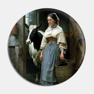 Vintage Oil Painting of Farm Girl and Cow Pin