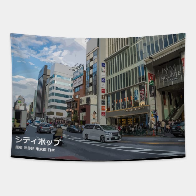 Japanese city pop art - Harajuku Shibuya ward Tokyo Metropolis Japan in Japanese language Tapestry by FOGSJ