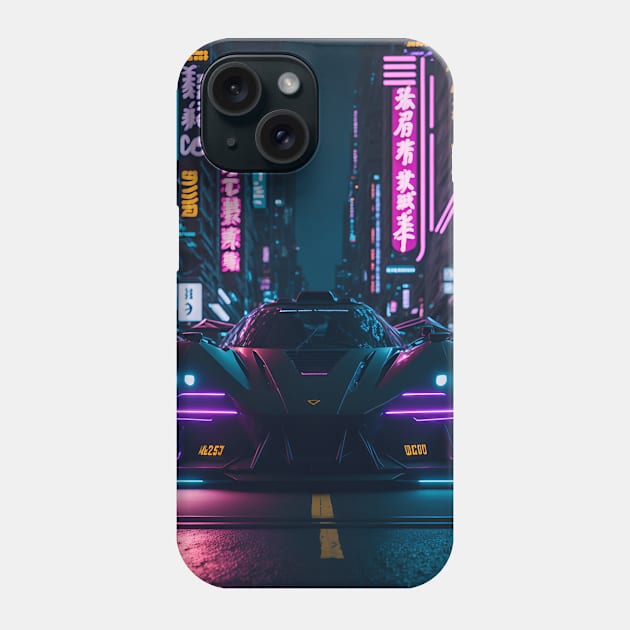 Dark Neon Sports Car in Japanese Neon City Phone Case by star trek fanart and more