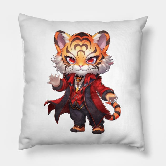 Cartoon Bengal Tiger in Dracula Costume Pillow by Chromatic Fusion Studio