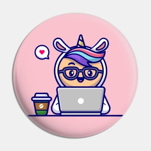 Cute Man Wearing Unicorn Costume Working On Laptop With Coffee Cartoon Pin