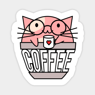 Cat in coffee cup with warped text holding coffee cup with heart wearing glasses pink Magnet