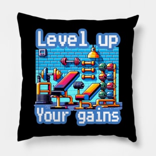 Pixel Power Gym: Level Up Your Gains - Retro Gaming Workout artwork Pillow