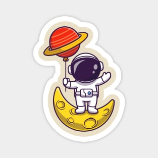 Cute Astronaut Standing On Moon And Holding Planet  Balloon Cartoon Magnet