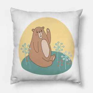 Cute teddybear sitting among flowers and berries Pillow