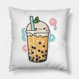 Cute Bubble Tea Cartoon Boba Drawing Pillow