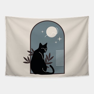 Black cat with plants and night sky in vintage boho minimalist style Tapestry