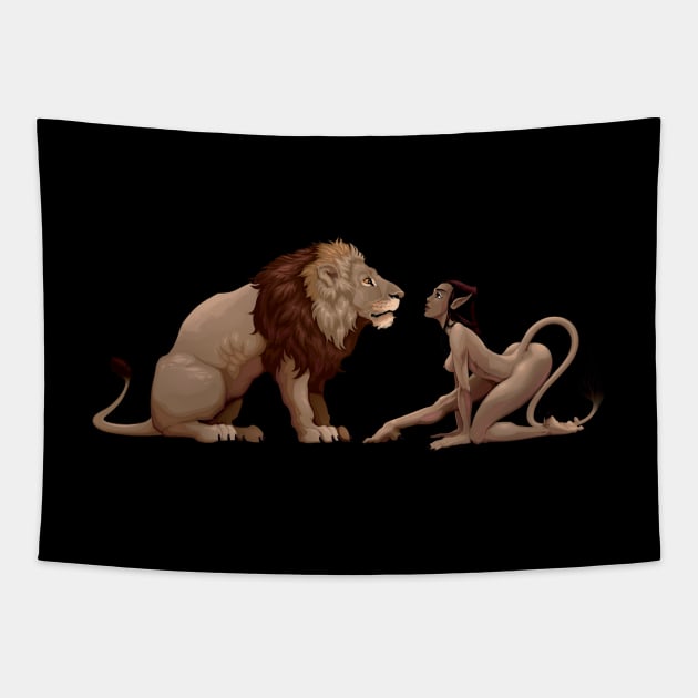 Lion And Woman Tapestry by ddraw