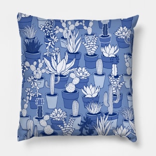 Succulents - Monochrome cactii pattern in blue Pillow