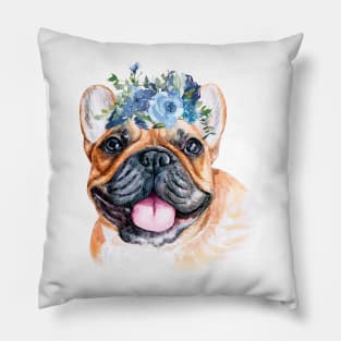 Cute French Bulldog with Blue Flower Wreath Art Pillow