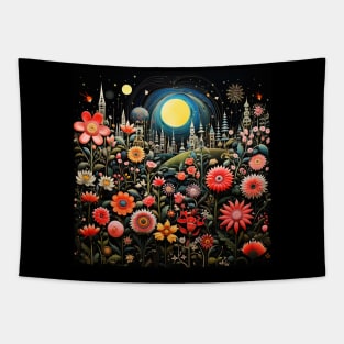 Surrealistic Folk Art Dark Floral Motif Blooming Flowers Garden Tapestry