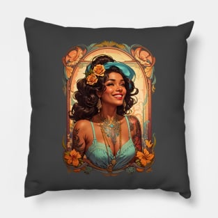 Black Bohemian Woman with tattoos retro vintage design Pillow