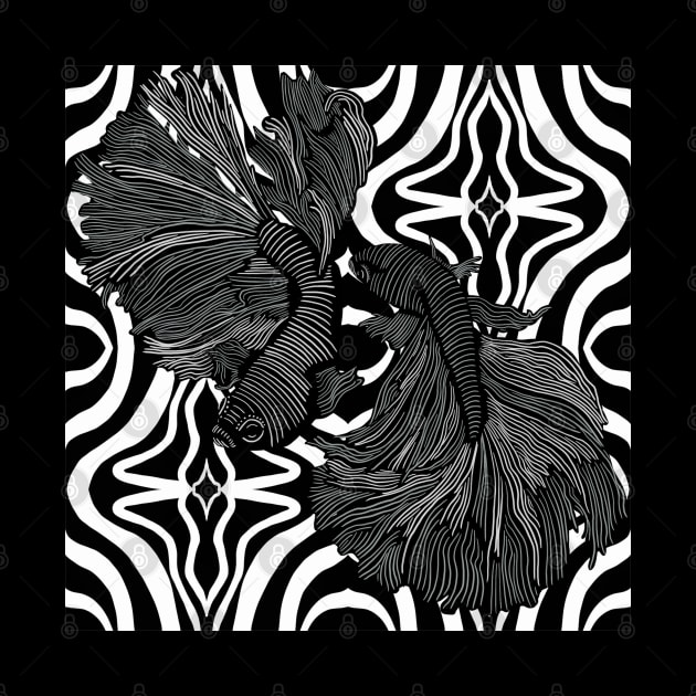 Two Betta Fish on Black and White Pattern by Suneldesigns