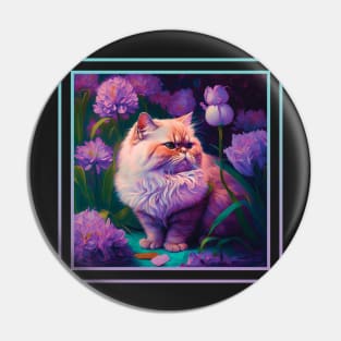 Smol Persian Cat Vibrant Tropical Flower Digital Oil Painting Portrait Pin