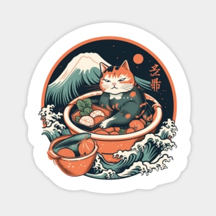 Cat Eating Sushi, Great Wave Hokusai Magnet