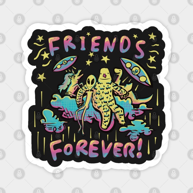 Friends Forever! Group of Misfits, Grey Alien, Bigfoot, Unicorn, Nessie, UFOs Magnet by SubtleSplit