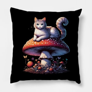 Funny Vintage White Cat in Mushroom Garden Pillow