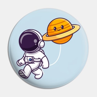 Cute Astronaut Walking With Cute Saturn Planet Cartoon Pin