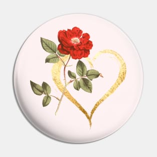 Red Rose Flower with Gold Heart Pin